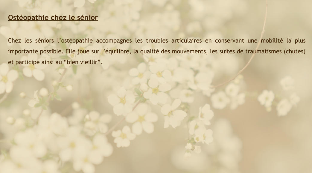 Ostéopathie chez le sénior   Chez les séniors l’ostéopathie accompagnes les troubles articulaires en conservant une mobilité la plus importante possible. Elle joue sur l’équilibre, la qualité des mouvements, les suites de traumatismes (chutes) et participe ainsi au “bien vieillir”.